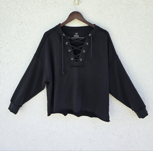 Aerie Black Lace-Up V-Neck Sweater Pullover - Picture 1 of 7